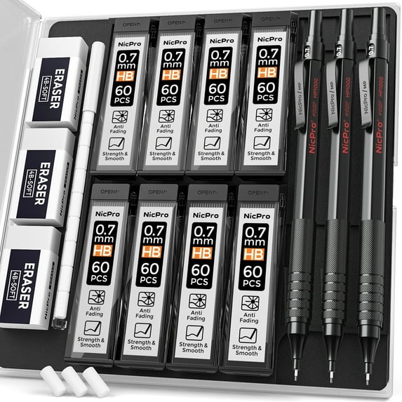 Nicpro 3 Pcs 0.7mm Metal Mechanical Pencils Set, Artist Pencil with 6 Tubes HB Lead Refills, 3 Erasers, 9 Eraser Refills, Black