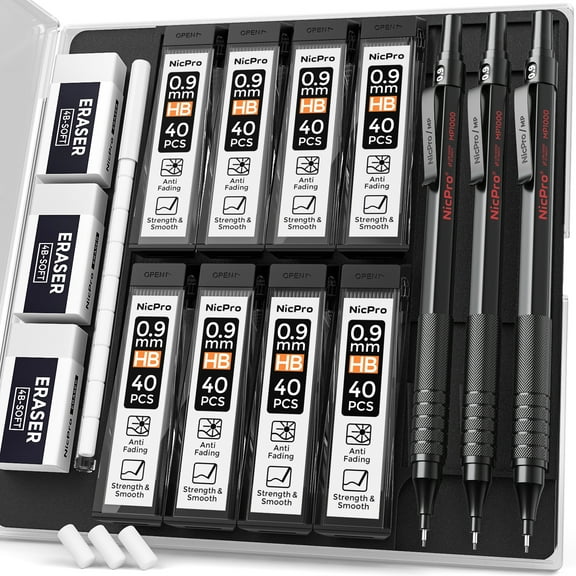 Nicpro 3 Pcs 0.9 mm Metal Mechanical Pencils, with 6 Tubes HB Lead Refills, 3Pcs Erasers, Erasers Refills, Drafting Pencil Set with Case - Black