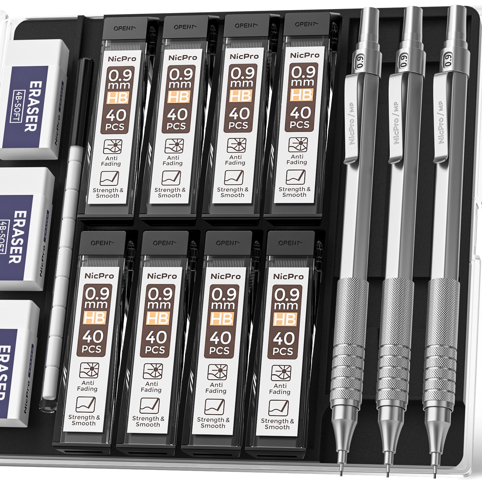 Nicpro 3 Pcs 0.9 mm Metal Mechanical Pencils, with 6 Tubes HB Lead Refills, 3Pcs Erasers