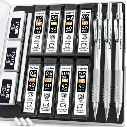 Nicpro 3 Pcs 0.9 mm Metal Mechanical Pencils, with 6 Tubes HB Lead Refills, 3Pcs Erasers, Erasers Refills, Drafting Pencil Set with Case - Silver