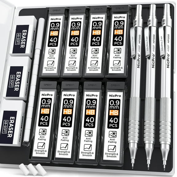 Nicpro 3 Pcs 0.9 mm Metal Mechanical Pencils, with 6 Tubes HB Lead Refills, 3Pcs Erasers, Erasers Refills, Drafting Pencil Set with Case - Silver
