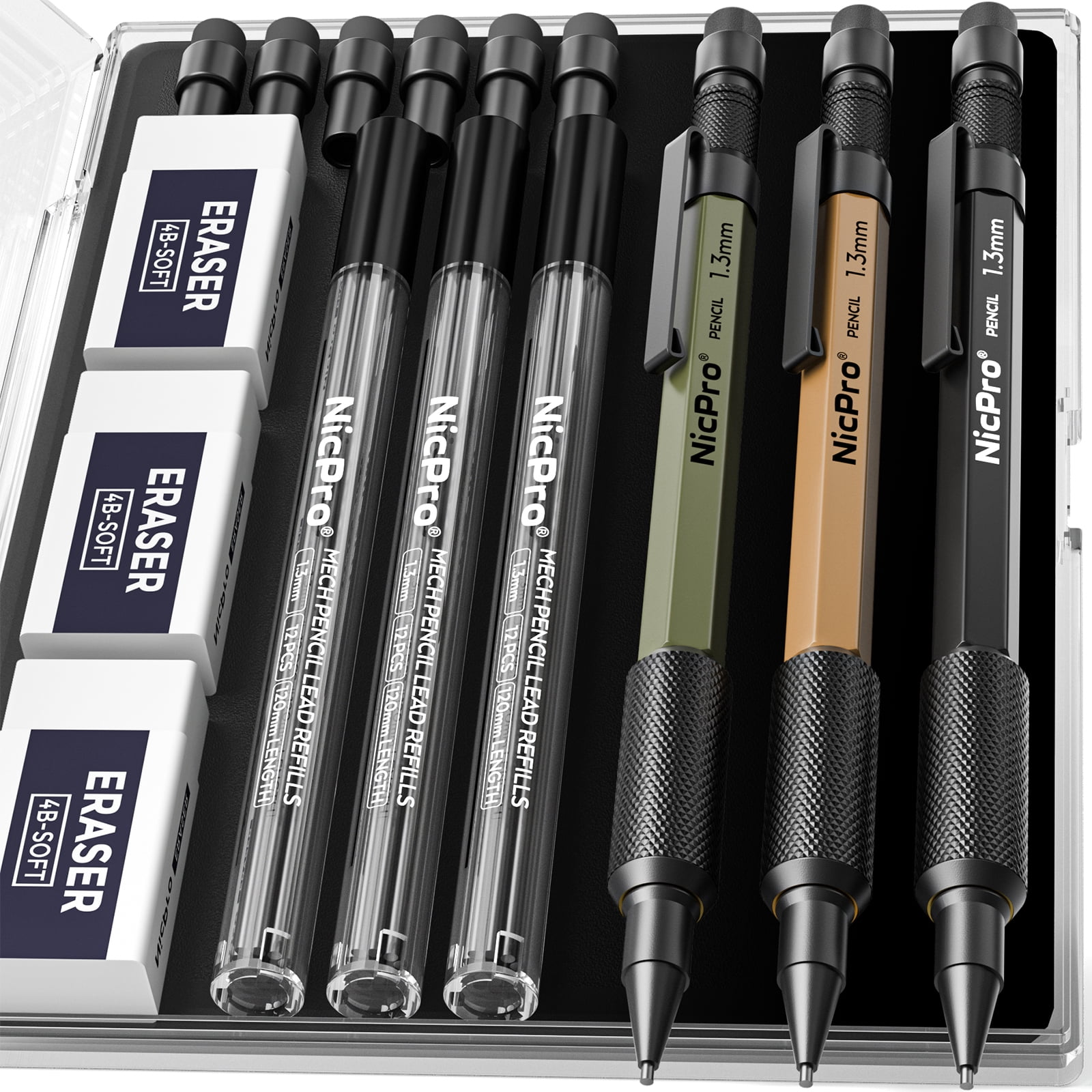 Nicpro 3Pcs 1.3 mm Mechanical Pencils Set with 36 Lead Refill, 3