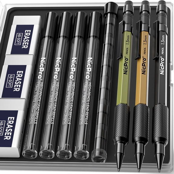 Nicpro 3 Pcs 1.3 mm Mechanical Pencils Set with 36 Lead Refill, 3 Eraser - Weatherproof Metal Barrel, Heavy Duty Carpenter Pencil for Outdoor Marking Drafting Drawing Sketching Woodworking
