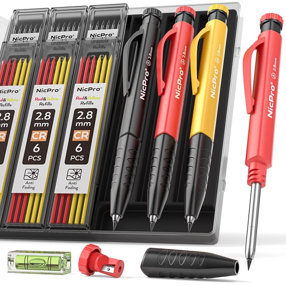 Nicpro 3 Pcs 2.8 mm Carpenter Pencils Set, Solid Mechanical Pencils with 39 Refills (Red, Black, Yellow), Sharpener & Finger Grip, Woodworking Pencils