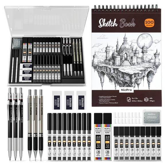 Nicpro 35PCS Art Mechanical Pencil Set, 3 PCS Metal Drafting Pencil 0.5 mm & 0.7 mm & 0.9 mm & 3 PCS 2mm Lead Holder (6B 4B 2B HB 2H 4H Colors) For Sketching Drawing With 20 Tube Lead Refills Case