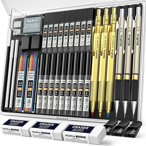 Nicpro 35PCS Art Mechanical Pencil Set, 3PCS Gold Metal Drafting Pencil 0.5 mm & 0.7 mm & 0.9 mm & 3PCS 2mm Lead Holder (6B 4B 2B HB 2H 4H Colors) For Sketching Drawing With 20 Tube Lead Refills Case