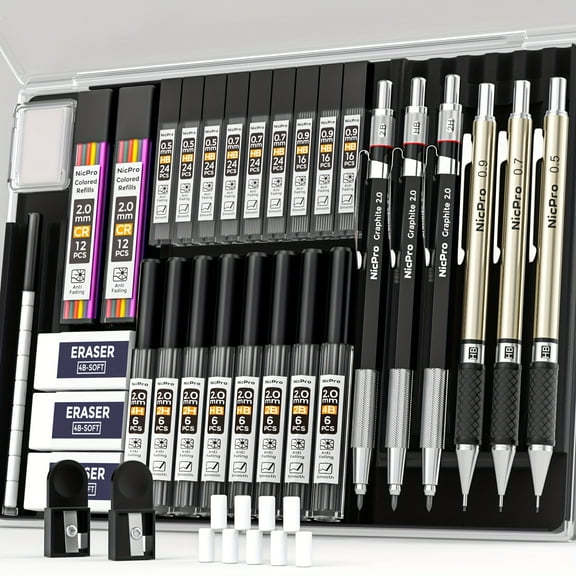 Nicpro 35pcs Art Mechanical Pencil Set In Leather Case, 6pcs Metal Drafting Pencil 0.5 & 0.7 & 0.9 & 2mm Lead Holder (6B 4B 2B HB 2H 4H Colors) For Sketching Drawing With 20 Tube Lead Refills