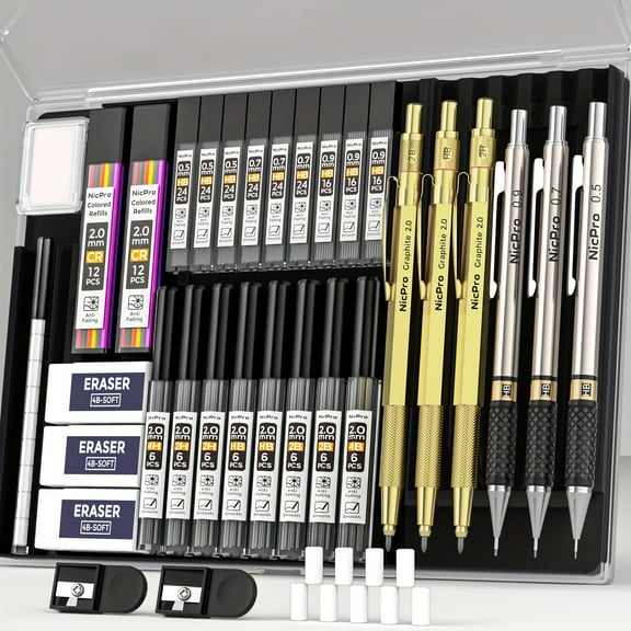 Nicpro 35pcs Art Mechanical Pencil Set In Leather Case, 6pcs Metal Drafting Pencil 0.5 & 0.7 & 0.9 & 2mm Lead Holder (6B 4B 2B HB 2H 4H Colors) For Sketching Drawing With 20 Tube Lead Refills