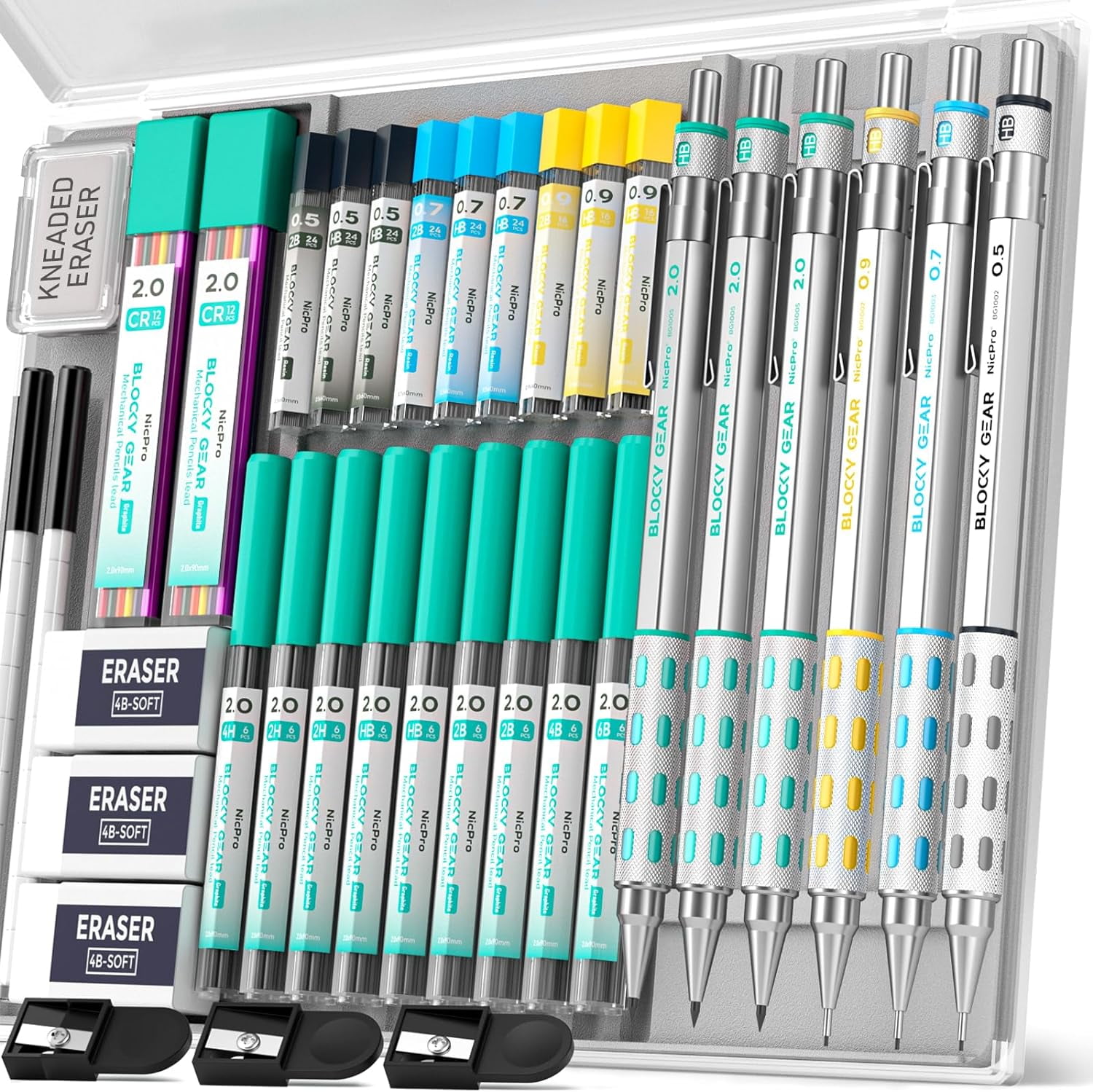 Nicpro 36PCS Art Mechanical Pencils Set with Case, 3PCS Metal Drafting Pencil 0.5, 0.7, 0.9mm, 3PCS 2mm Lead Holder for Drawing Sketching with 20 Tubes (6B 4B 2B HB 2H 4H Colors) Lead Refills