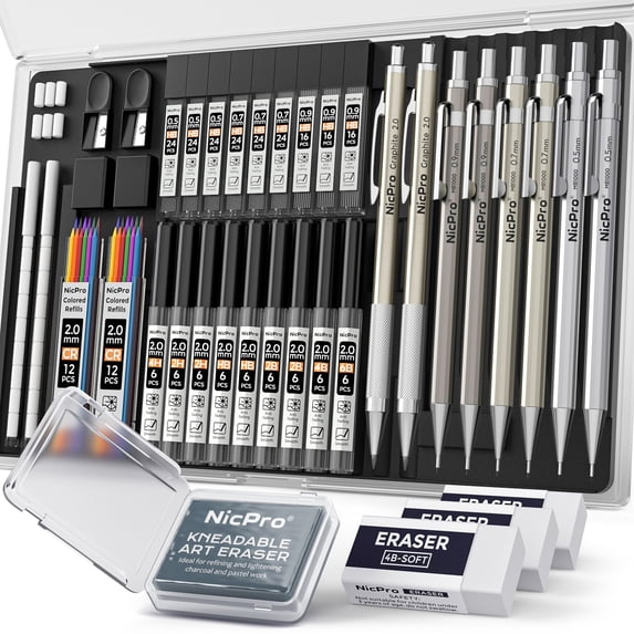 Nicpro 37PCS Art Mechanical Pencil Set, Metal Drafting Pencils 0.5 mm, 0.7 mm, 0.9 mm & 2mm Lead Pencil Holder (6B 4B 2B HB 2H 4H Colors) For Sketching Drawing With 20 Tube Lead Refills Eraser Case