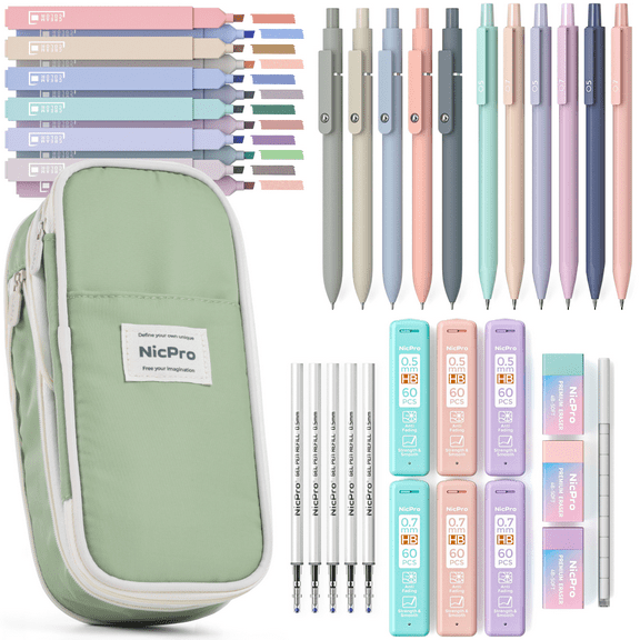 Nicpro 39Pcs Aesthetic Supplies with Big Capacity Pen Case, 12 Colors Chisel Tip Cute Highlighters, 5 Quick Dry Retractable Black Ink Pens, 6 Pastel 0.5 & 0.7 mm Mechanical Pencil