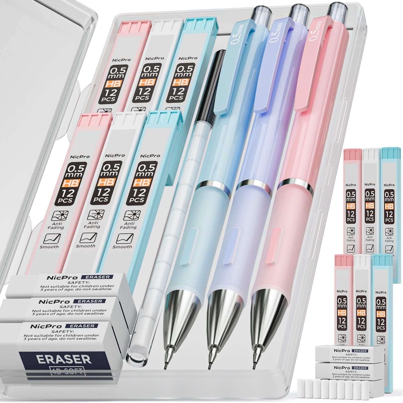 Nicpro 3 Pcs 0.5mm Pastel Mechanical Pencils, Erasable, Refillable, with HB Lead & Eraser Refills in Case
