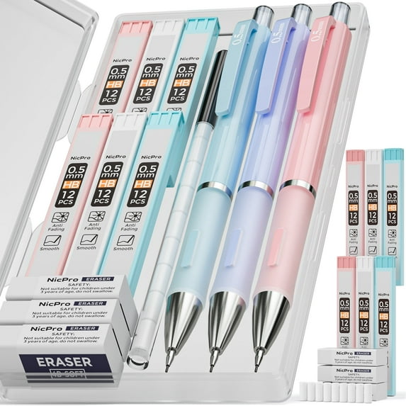 Nicpro 3PCS Pastel Mechanical Pencil Set, 0.5mm Mechanical Pencils with 6 Tube HB Lead 0.5mm, 3 Eraser and 9 Eraser Refill & Case