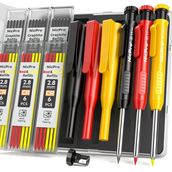 Nicpro 3Pack Carpenter Pencil with Sharpener, Mechanical Carpenter Pencils with 39 Refills (Red, Black, Yellow), Woodworking Pencils