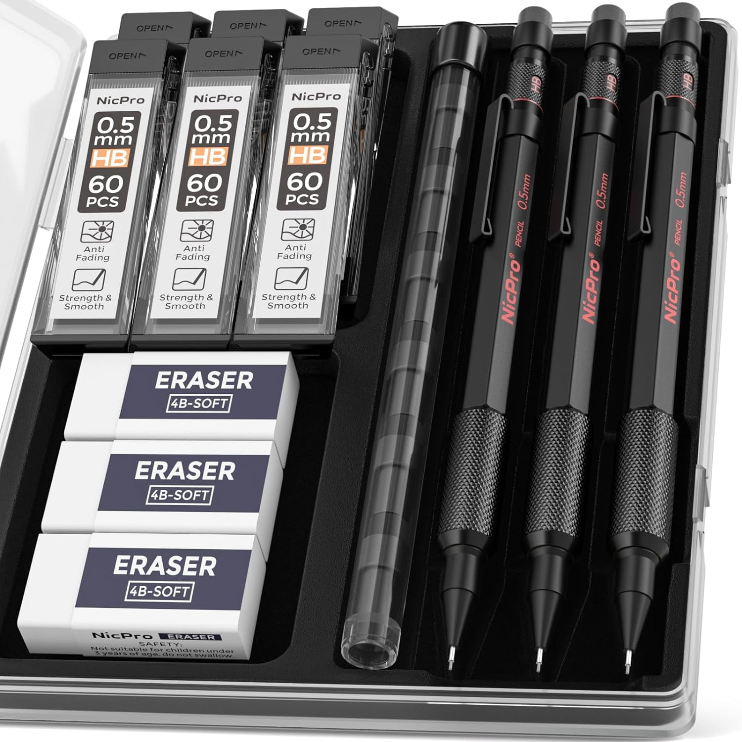 Nicpro 3Pcs 0.9mm Metal Mechanical Pencils Set, 6 Tubes HB Lead, 3