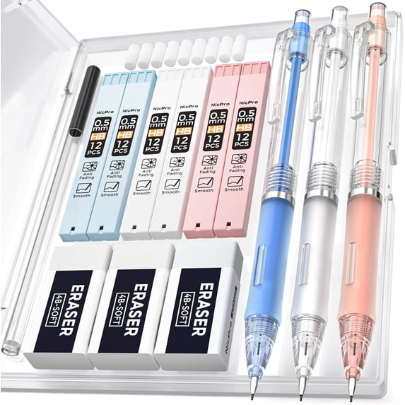 Nicpro 3Pcs 0.5mm Pastel Mechanical Pencil Set, Cute Mechanical Pencils with 6 Tubes HB Lead, 3 Erasers, 9 Eraser Refills, with Case