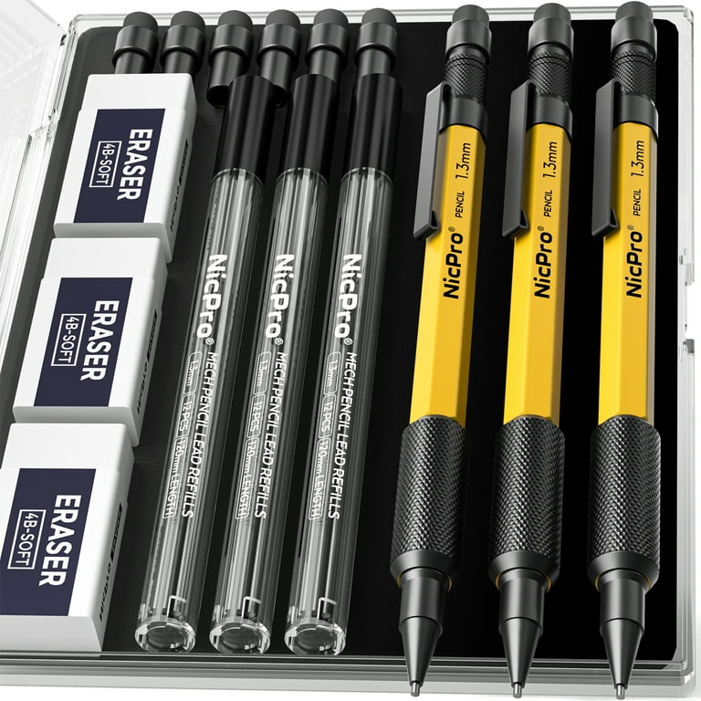 Nicpro 3Pcs 1.3 mm Mechanical Pencils Set with 36 Lead Refill 3 Eraser Weatherproof Metal Barrel Heavy Duty Carpenter Pencil for Outdoor Marking Drafting Drawing Sketching Woodworking with Case Walmar...
