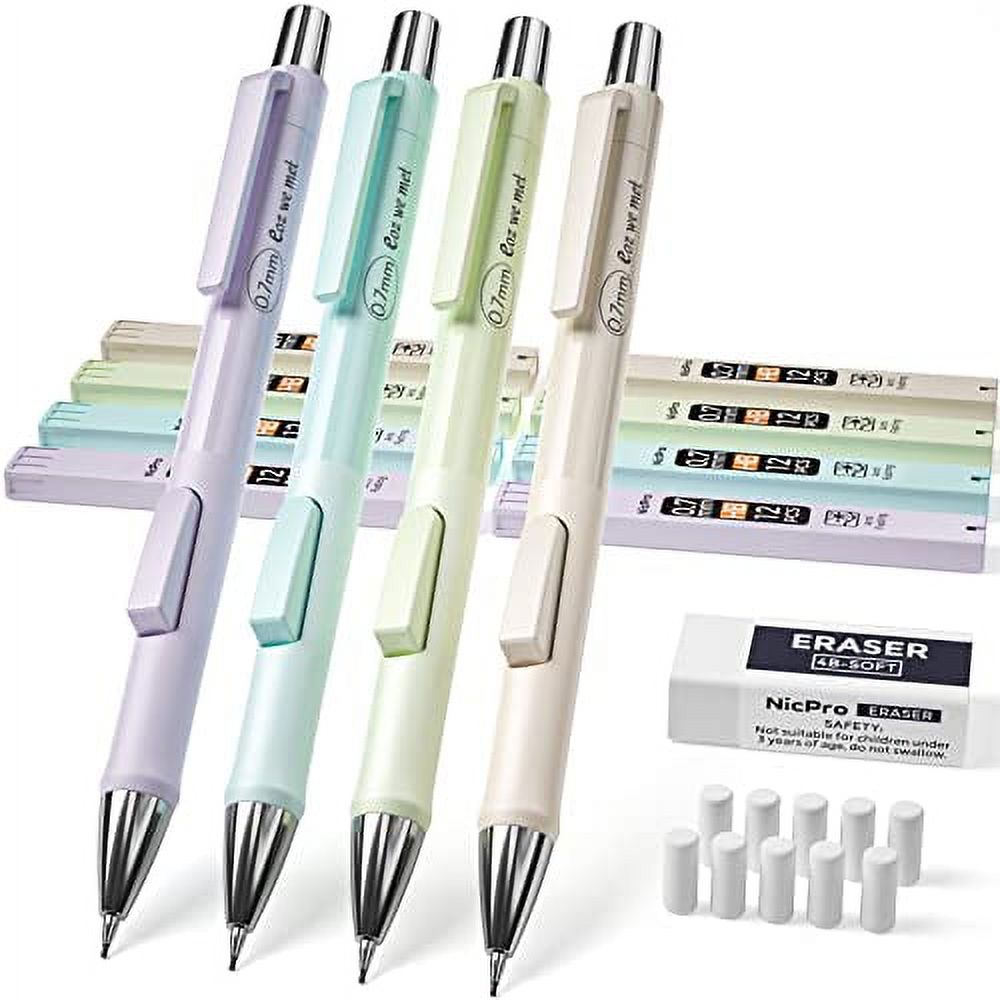 Nicpro 4 PCS Pastel Mechanical Pencil 0.7mm, Cute Mechanical Pencils Set with 8 Tubes HB Lead
