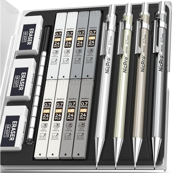 Nicpro 4 Pcs Metal Mechanical Pencils Set, 0.7mm Mechanical Pencils with 8 Tube HB #2 Lead Refill, 3Pcs 4B Eraser, 9 Eraser Refill - Come with Case