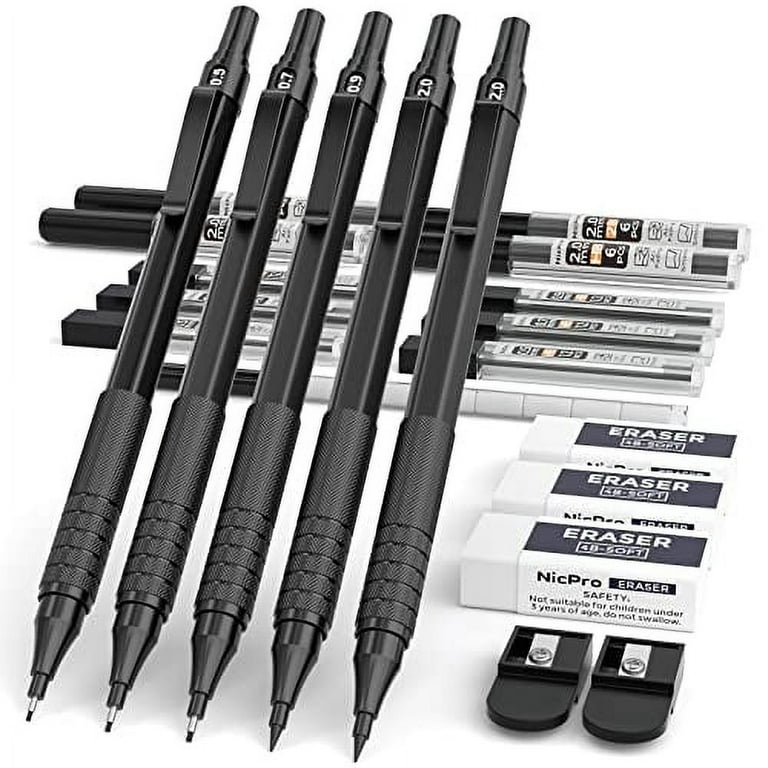 Nicpro 0.9 mm Art Mechanical Pencils Set in Gift Case, 6 PCS Metal Drafting  Pencil 0.9mm with 6 Tube HB Lead Refills & 18 PCS Eraser Refills for