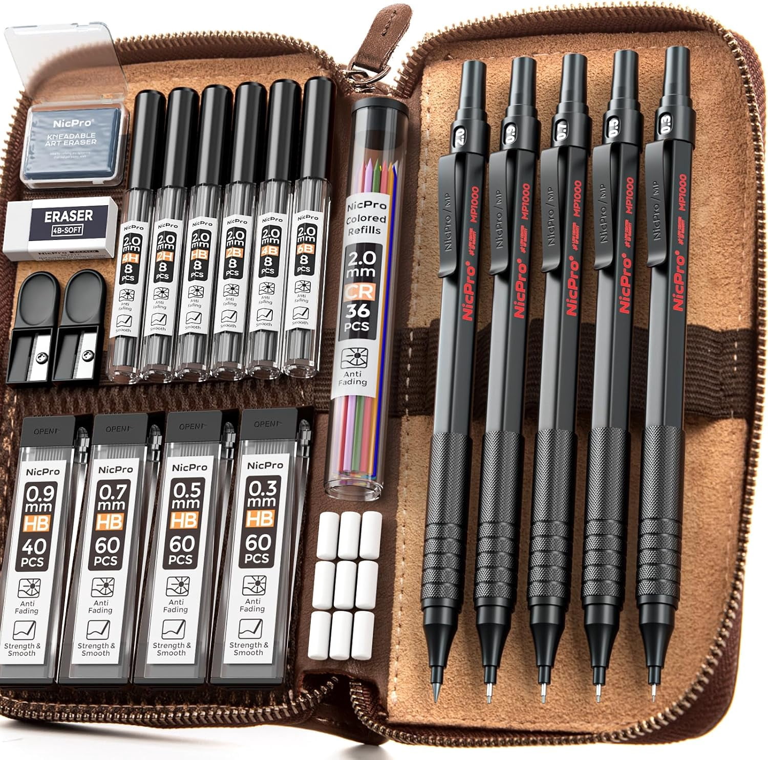 Nicpro 5 Pcs Black Metal Mechanical Pencil Set in Leather Case, 0.3, 0.5, 0.7, 0.9 mm & 2mm Lead Pencil Holders, 9 Tube (4B 2B HB 2H) Lead Refills, Erasers for Art Drafting Sketching Drawing