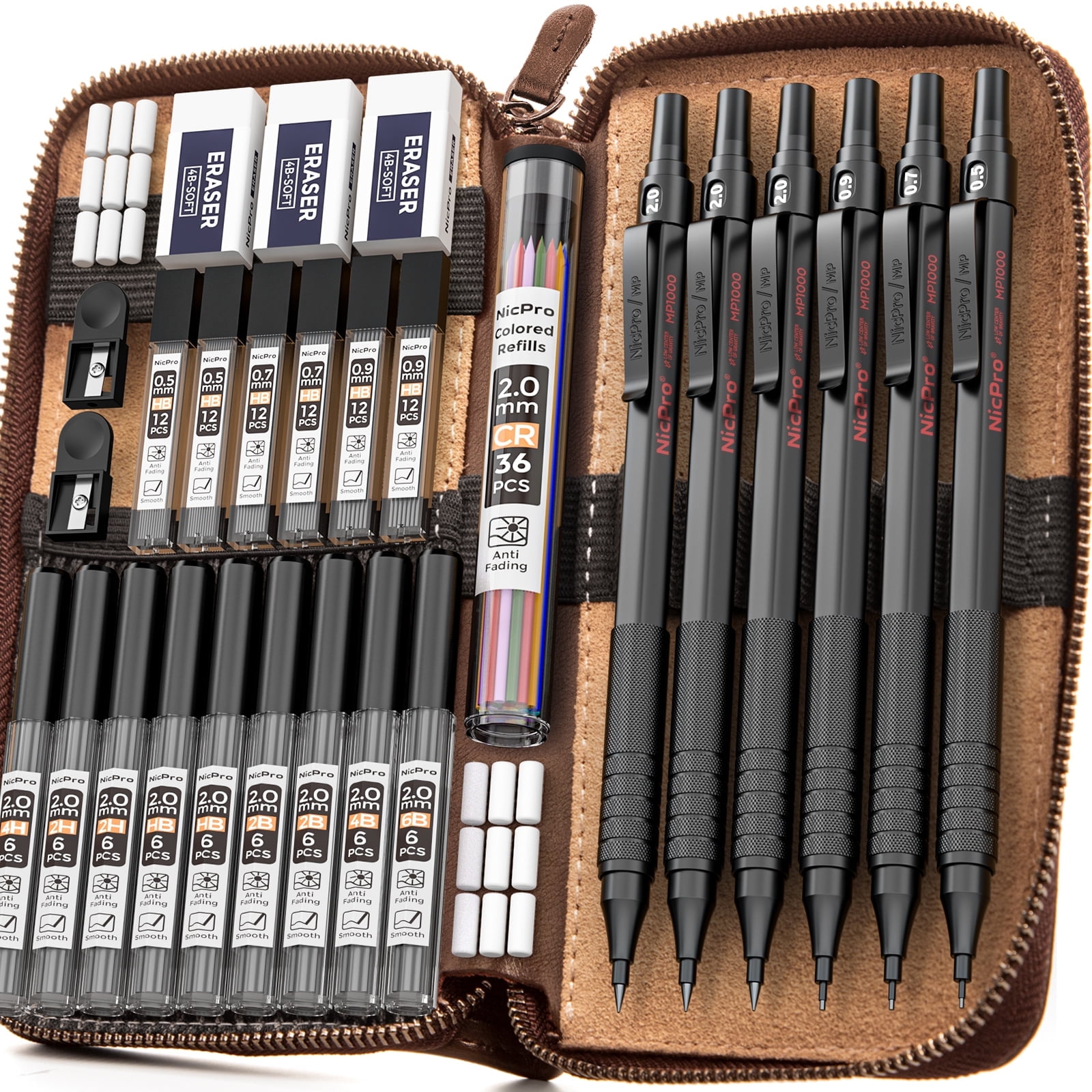 Nicpro 5 Pcs Black Metal Mechanical Pencils Set in Leather Case