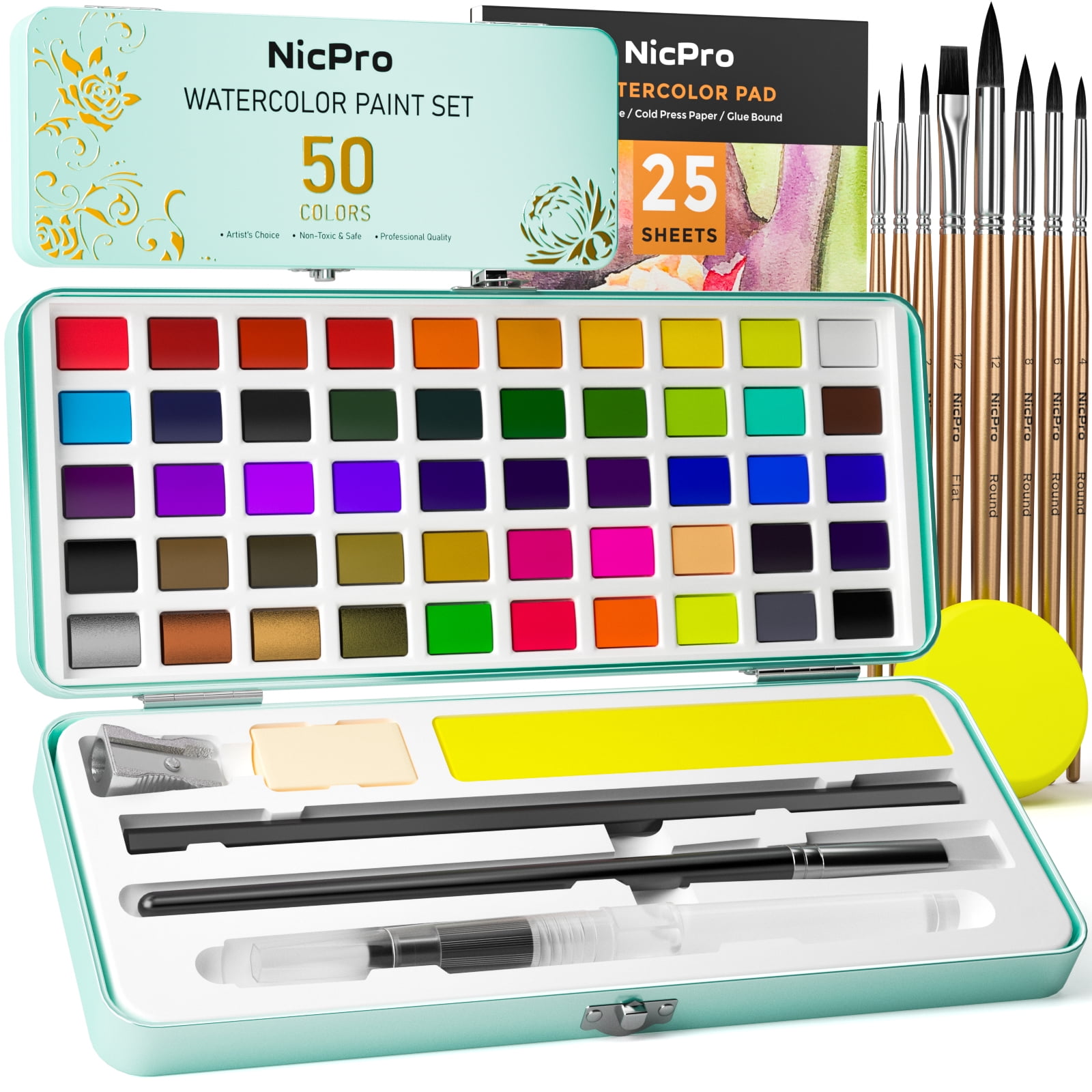 Nicpro 50 Colors Watercolor Paint Set, with Metallic & Fluorescent