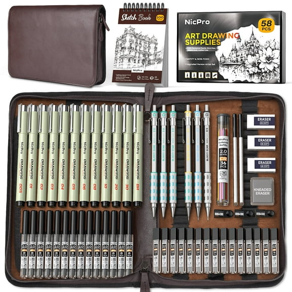 Nicpro 58 PCS Art Drawing Supplies Kit in Leather Case, Art Mechanical Pencil Set with 6 Metal Drafting Pencil 0.5 & 0.7 & 0.9 & 2mm, 12 Micron Pen, Sketch Book, 30 Tube Lead Refills for Sketching