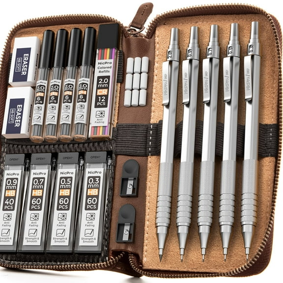 Nicpro 5Pcs Metal Mechanical Pencil Set in Leather Case, 0.3, 0.5, 0.7, 0.9mm & 2mm Lead Pencil Holders, 9 Tube (4B 2B HB 2H) Lead Refills(Black & Colors), Erasers