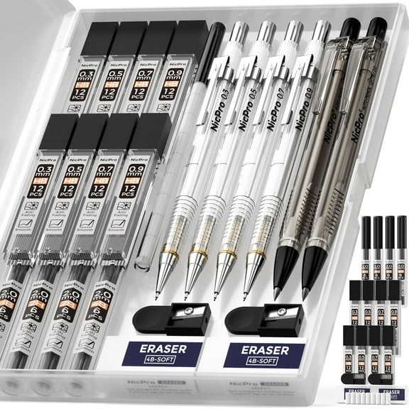Nicpro 6 PCS Art Mechanical Pencils Set with Case, Drafting Pencil 0.3 & 0.5 & 0.7 & 0.9 mm and 2mm Lead Holder (4B 2B HB 2H) with Lead Refills Erasers Sharpener