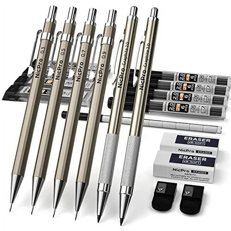 Nicpro 6 PCS Art Mechanical Pencils Set Metal, Artist Drafting Pencil 0.3 &  0.5 & 0.7 & 0.9 mm and 2mm Lead Holder(4B 2B HB 2H) For Art Writing,  Sketching Drawing,With Lead