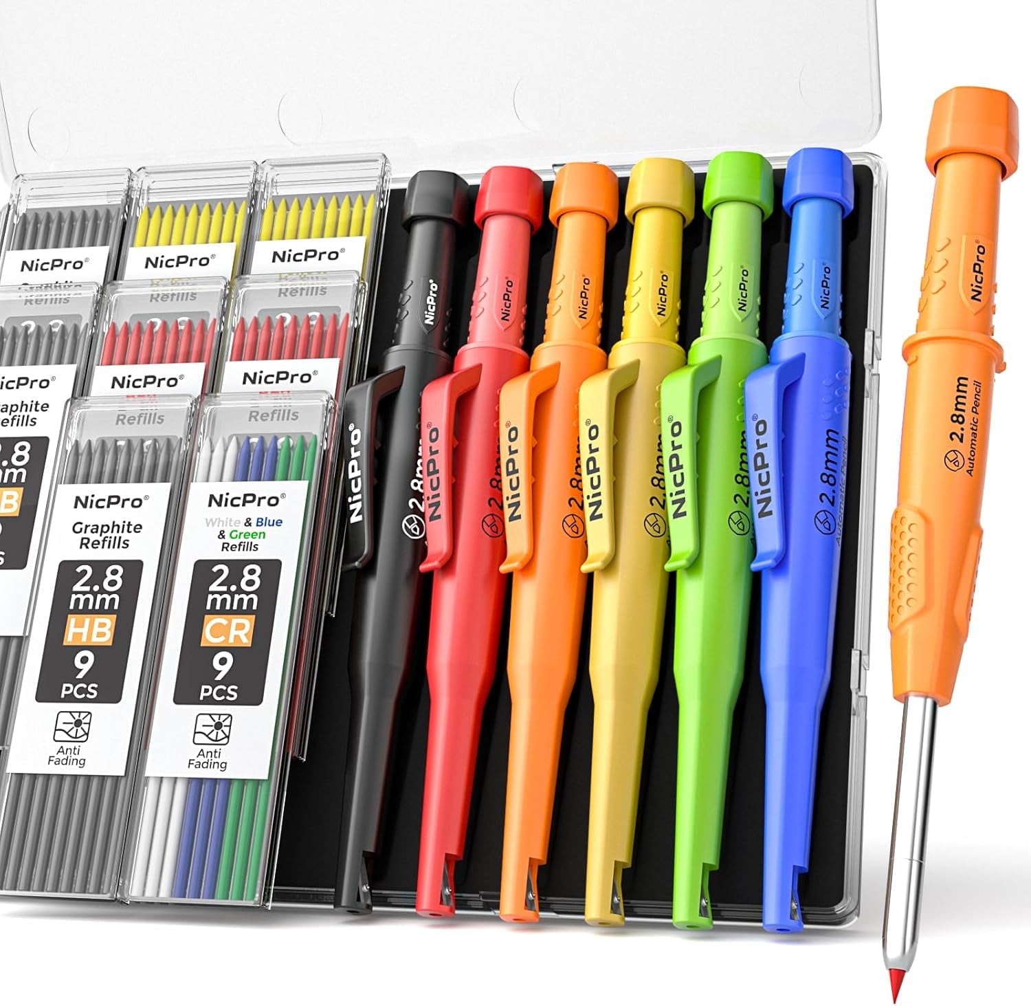 Nicpro 5 stuks timmerman potlood met slijper, mechanische timmerman potloden met 41 vullingen (rood, zwart, geel), diepgat marker constructie zware