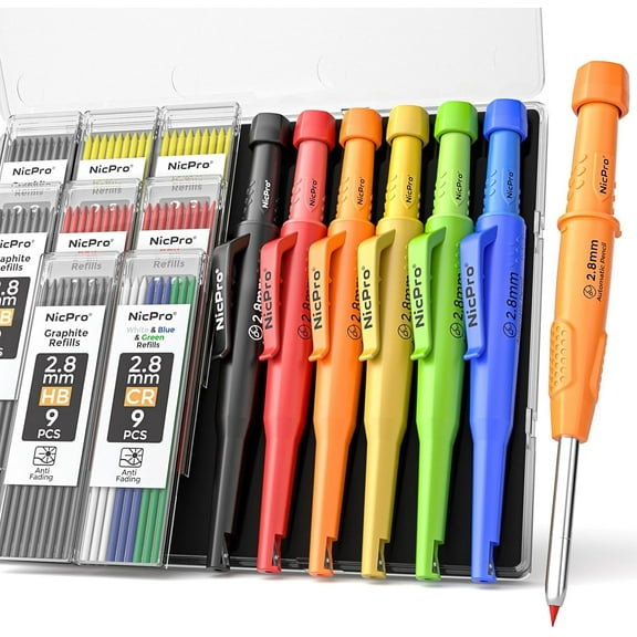 Nicpro 6 Pack CP3000 Carpenter Pencil with Sharpener, Mechanical Pencils Set with 78 Refill, Heavy Duty Construction Pencil, Carpenter Tools for Architect Marking