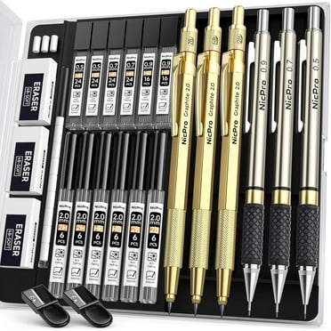 Nicpro Gold Art Mechanical Pencil Set, Metal Drafting Pencil 0.5, 0.7, 0.9mm & 2mm Lead Holder(2B HB 2H) with Lead Refills Case