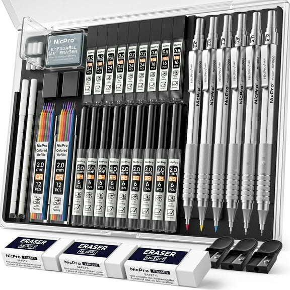 Nicpro 6 Pcs Metal Mechanical Pencils Set, Art Drafting Pencil 0.5, 0.7, 0.9 mm & 3Pcs 2mm Graphite Lead Refills, Eraser, Sharpener, Come with Case