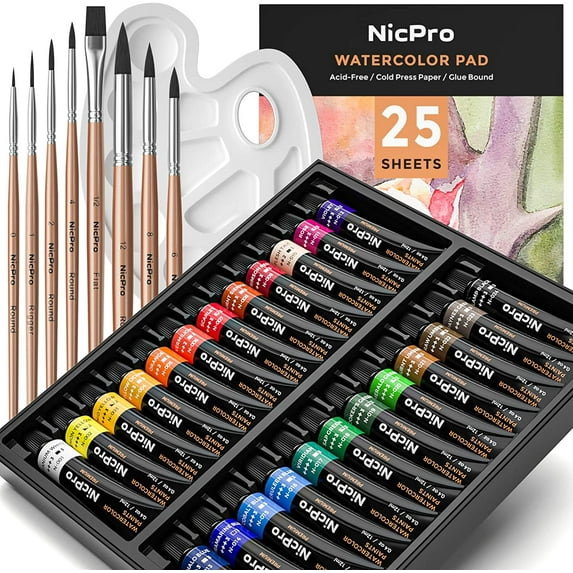 Nicpro 60Pcs Watercolor Paint Kit, Professional Painting Supplies Set 24 Tube Watercolor Paints, 8 Synthetic Squirrel Brushes, 25 Paper Pad, Palette, Color Wheel