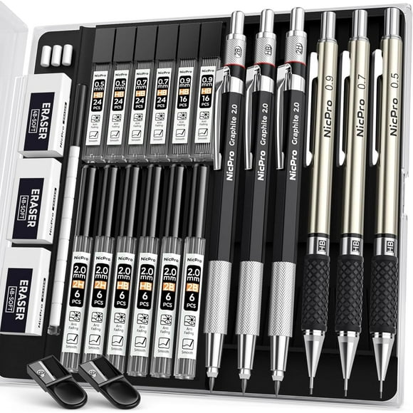 Nicpro 6PCS Art Mechanical Pencil Set, 3PCS Metal Drafting Pencil 0.5 mm & 0.7 mm & 0.9 mm & 3PCS 2mm Graphite Lead Holder (2B HB 2H) with Lead Refills Case
