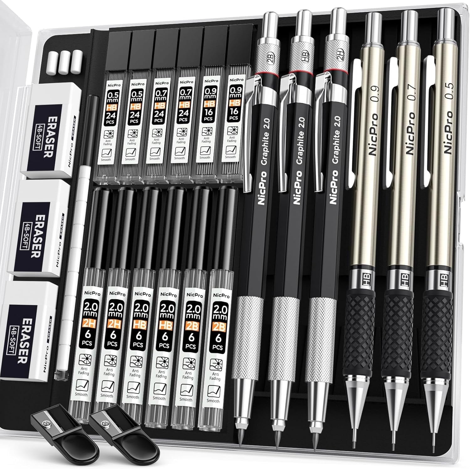 nijiiro★ 　2点セット 　pmo-pg011 TAUPE NicPro, Mechanical Pencil Set, 0.5, 0.7, 0.9 mm, 2B HB 2H, Black