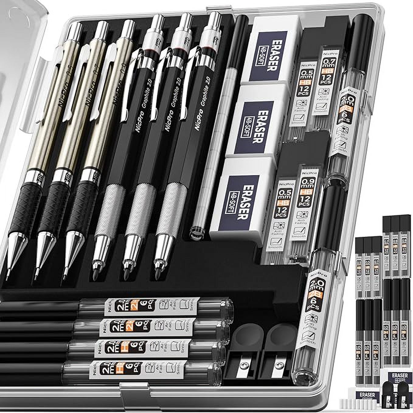 Nicpro 6PCS Art Mechanical Pencils Set, 3 PCS Metal Drafting Pencil 0.5 mm  & 0.7 mm & 0.9 mm & 3 PCS 2mm Graphite Lead Holder (2B HB 2H) For Writing