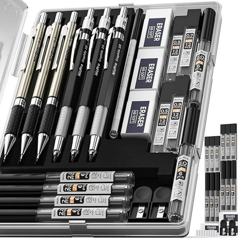 Nicpro Art Mechanical Pencil Set - 3 Metal Drafting Pencils, 3 Lead  Holders, 12 Lead Refills