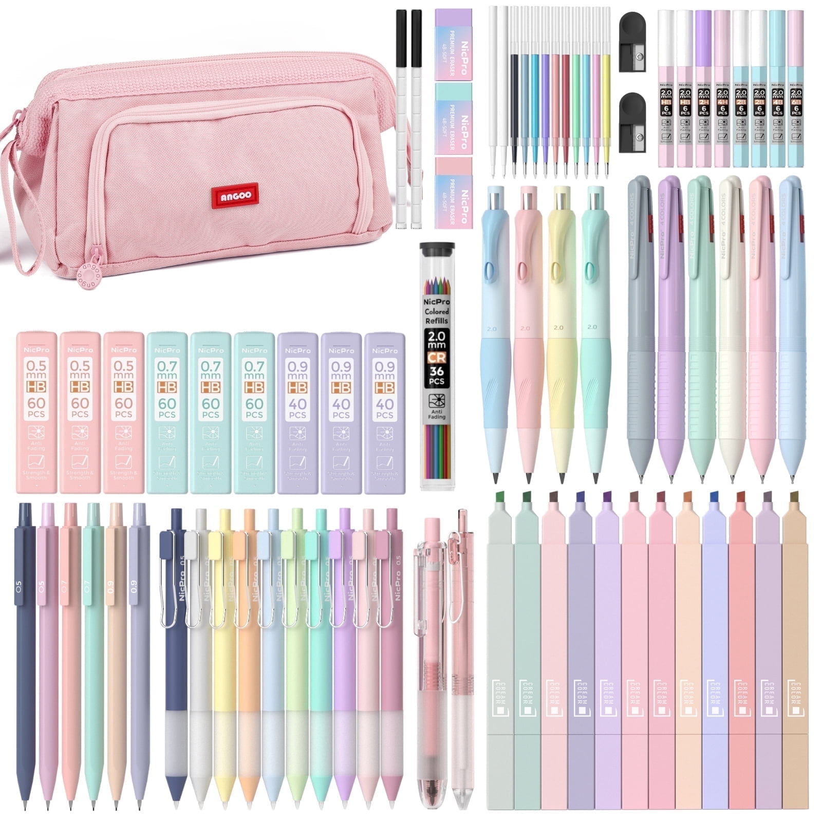 Nicpro 78 PCS Pen Case Supplies, 12 Pastel Highlighters, 12 Color & Black Ink Gel Pens, 10 Mechanical Pencils 0.5, 0.7, 0.9, 2.0 mm, 6 Ballpoint Pen