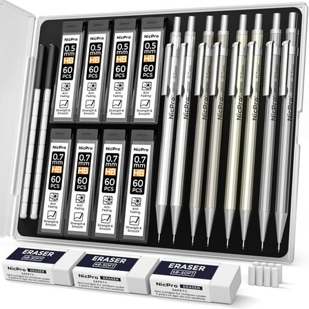 Nicpro 8Pcs 0.5mm & 0.7mm Metal Mechanical Pencils Set, Lead Drafting Pencil with 8 Tubes HB Lead Refills, 3Pcs 4B Erasers, 9Pcs Eraser Refills, Come with Case
