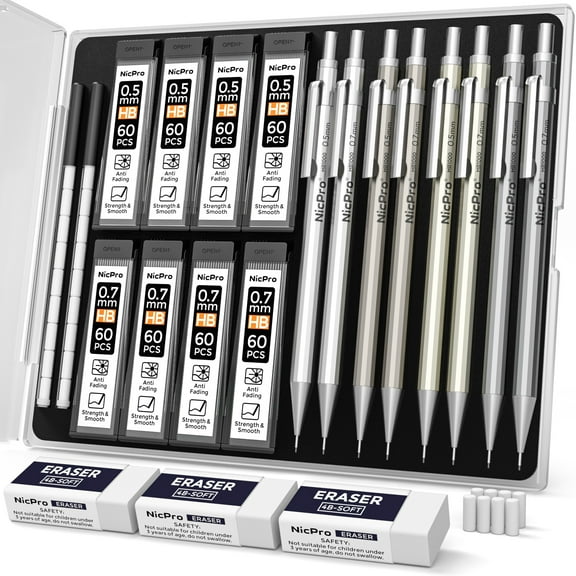 Nicpro 8Pcs 0.5mm & 0.7mm Metal Mechanical Pencils Set, Lead Drafting Pencil with 8 Tubes HB Lead Refills, 3Pcs 4B Erasers, 9Pcs Eraser Refills, Come with Case