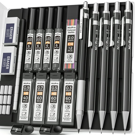 Nicpro Black Art Mechanical Pencil Set in Case, Metal Drafting Pencils 0.3, 0.5, 0.7, 0.9 & 2mm Graphite Lead Holders (2H HB 2B 4B Colored Lead) for Sketching Drawing with 9 Lead Refills, 2 Erasers