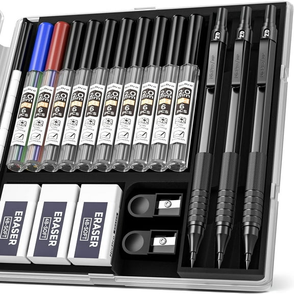 Nicpro Black Metal 2.0mm Mechanical Pencil Set with Case, 3 Pcs Drafting Lead Holder with 2mm Graphite Lead Refill (HB 2H 4H 2B 4B) & Colors, Sharpeners, Erasers