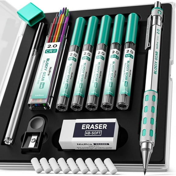 Nicpro Blocky Gear 2mm Mechanical Pencils in Case, Metal Drafting Lead Holder with 6 Tubes 2mm Lead Refill (HB 2B 2H 4B 4H & Colors) Sharpeners, Erasers