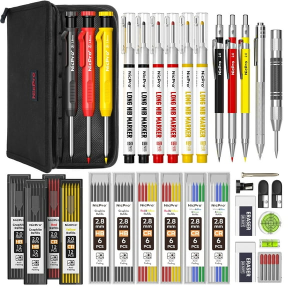 Nicpro Carpenter Pencil Set, 39 Pack Woodworking Supplies, Mechanical Carpenter Pencils with Refills, Deep Hole Long Nib Marker, Construction Pencils