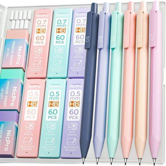 Nicpro Erase Click Mechanical Pencils, 0.5mm and 0.7 mm, 6 Count