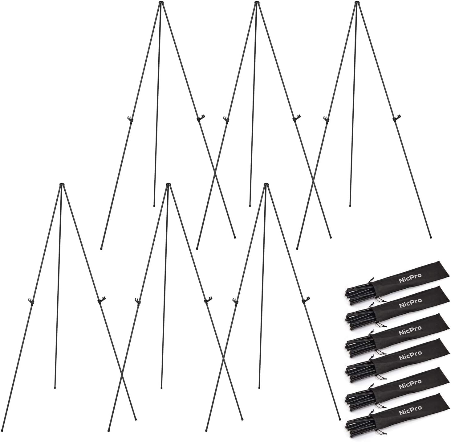 Nicpro Folding Easels for Display, 6 Pack 63 Inch Metal Floor Easel Stand Bulk Tripod Black Portable for Artist Poster Wedding with Carry Bag