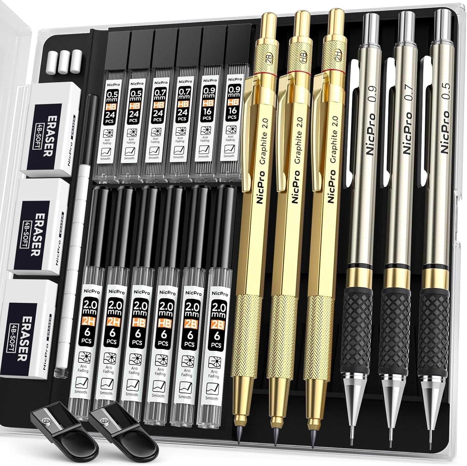 NicPro 6PCS Mechanical Pencil Kit, 0.5mm, 0.7mm, 0.9mm, 2mm Lead
